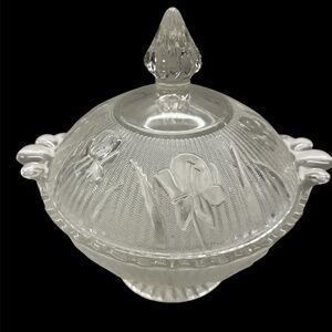 Jeannette Crystal Iris and Herringbone Footed Candy Dish With Lid